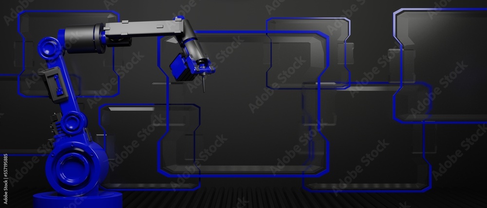 ai automatic robotic arm machine for industrial factory business with futuristic background, 3d illustration rendering