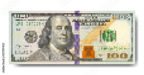 Vector obverse of lowpoly pixelated 100 dollars banknote with shadow isolated on white background.