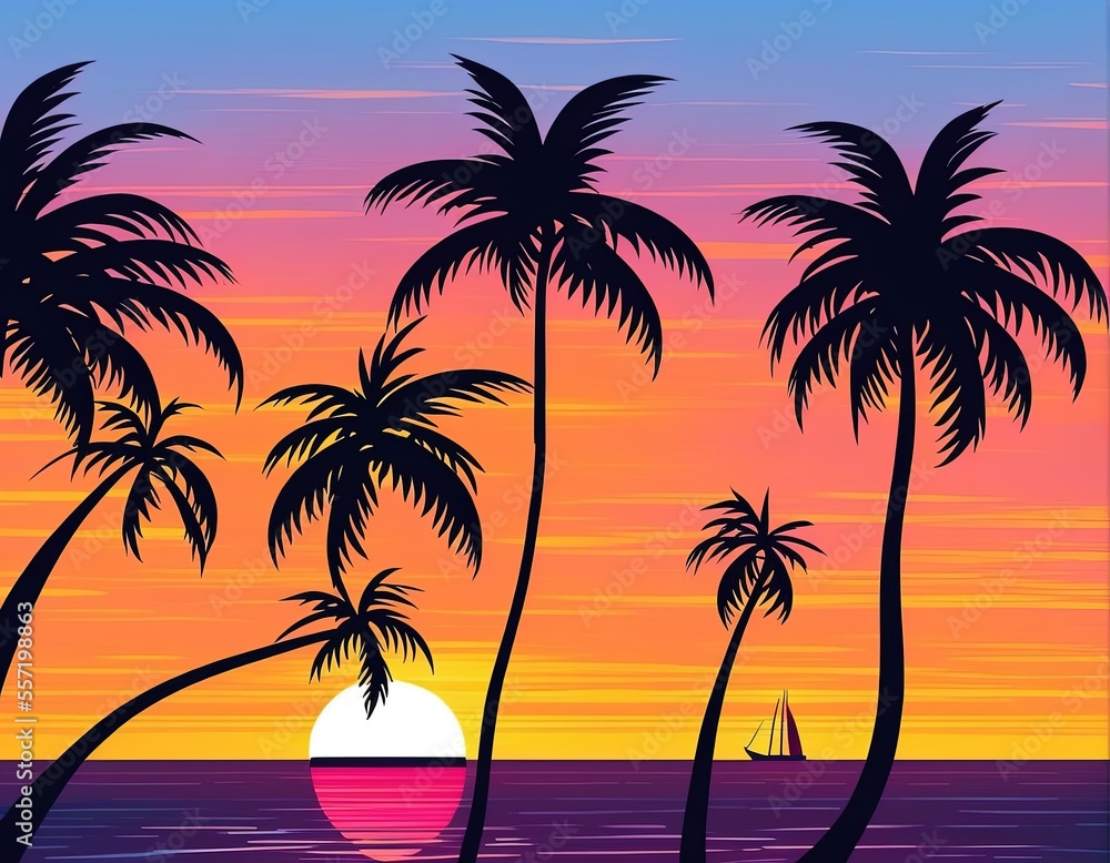 palm trees at sunset, illustration