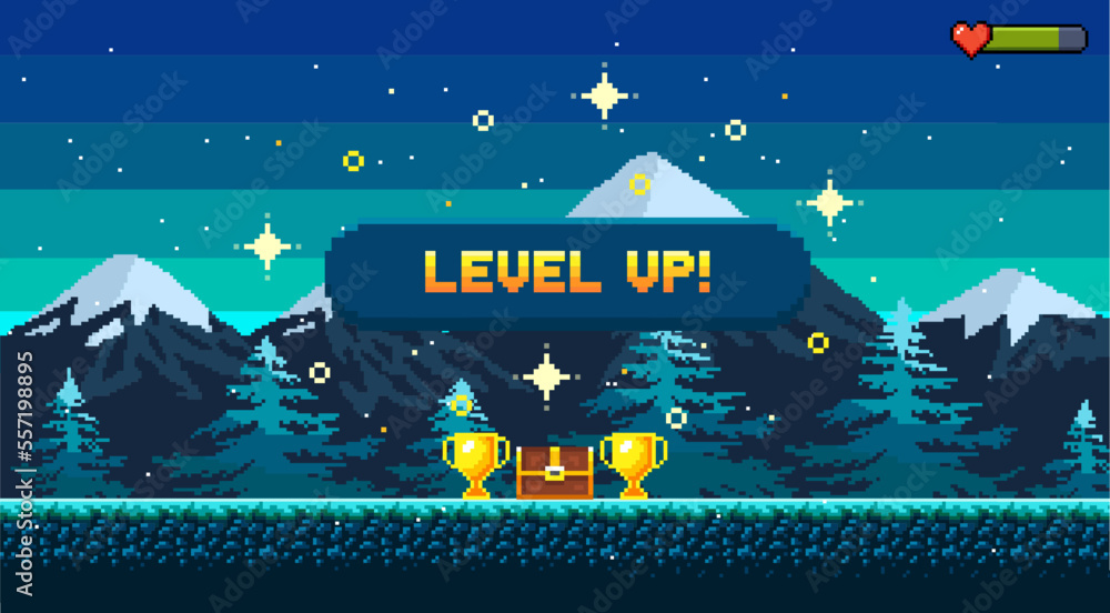 Pixel art game background with button level up. Game design concept in