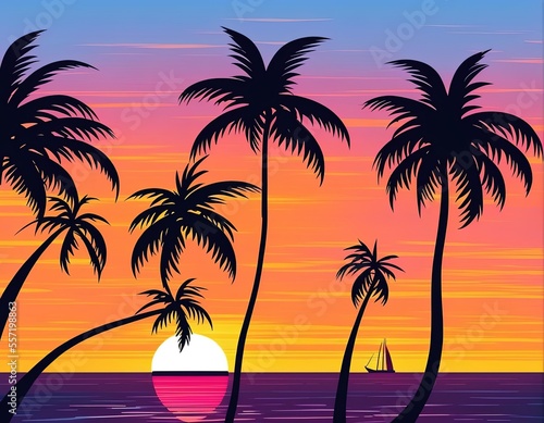 palm trees at sunset, illustration © ozun