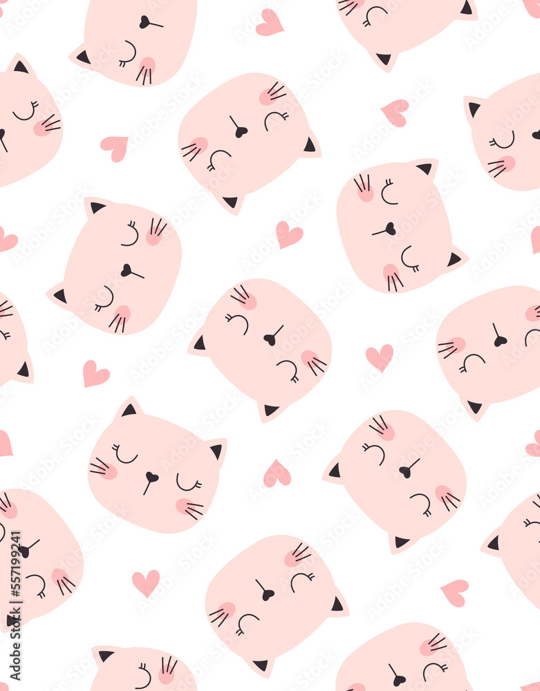 cartoon seamless pattern of cute cats and hearts