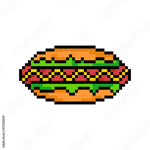 Pixel hot dog icon, 8Bit hot dog. Pixel Art hot dog, Vector Illustration isolated on white background.