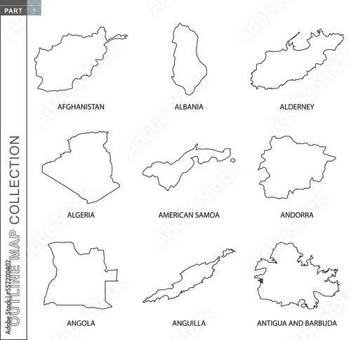 Outline maps collection, nine black lined vector map