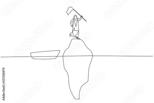 Drawing of muslim business woman holding flag at peak of iceberg concept of illusion. One continuous line art style