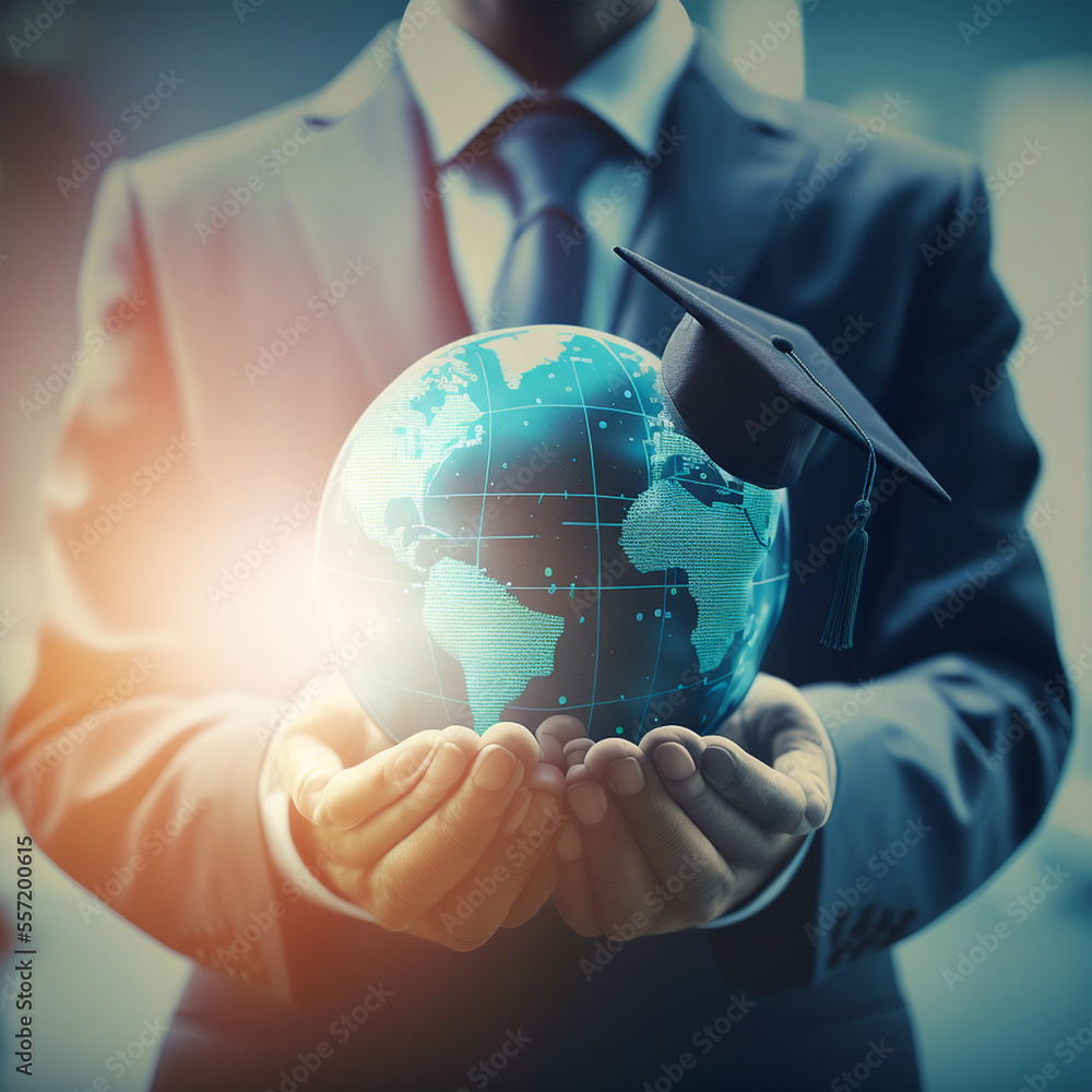 Education in Global world, Graduation cap on Businessman holding Earth ...