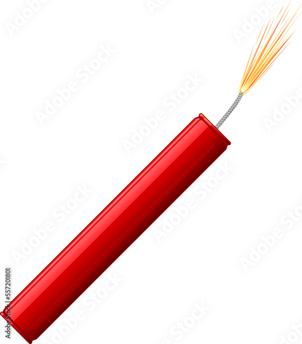 Single red dynamite with burning wick, isolated