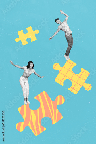 Artwork magazine collage picture of funny funky lady guy walking jumping jigsaw elements isolated drawing background