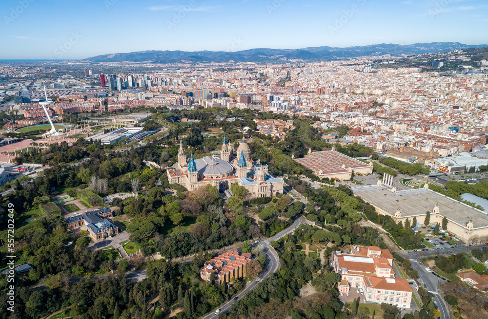 View Point Of Barcelona in Spain. On Montjuic hill, Mirador viewpoint. National Museum of Contemporary Art in Background. Drone
