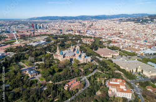 Fototapeta Naklejka Na Ścianę i Meble -  View Point Of Barcelona in Spain. On Montjuic hill, Mirador viewpoint. National Museum of Contemporary Art in Background. Drone