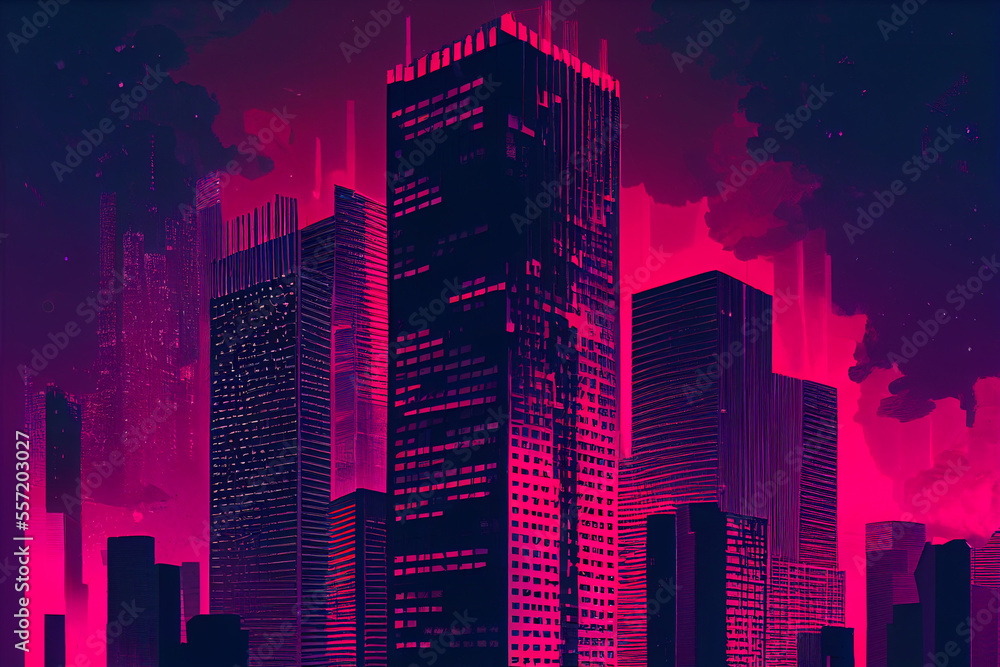 Skyscrapers of big city in neon purple lighting.