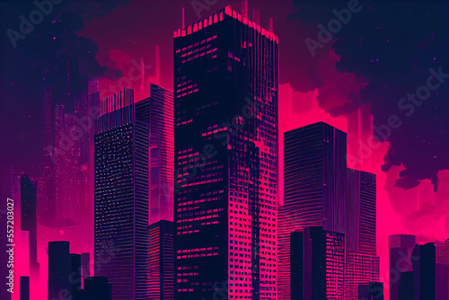 Skyscrapers of big city in neon purple lighting.