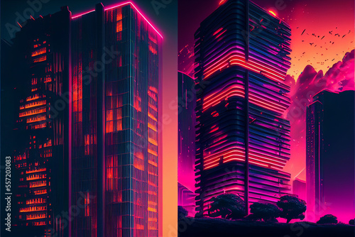 Skyscrapers of big city in neon purple lighting.