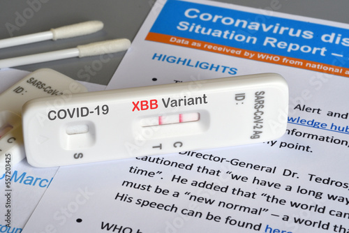 SARS‑CoV‑2 antigen test kit for self testing with positive result with text Covid-19 XBB Variant on grey background. Close-up. Concept for the new Covid 19 XBB Variant photo