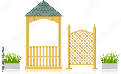 Gazebo with wooden lattice and grass