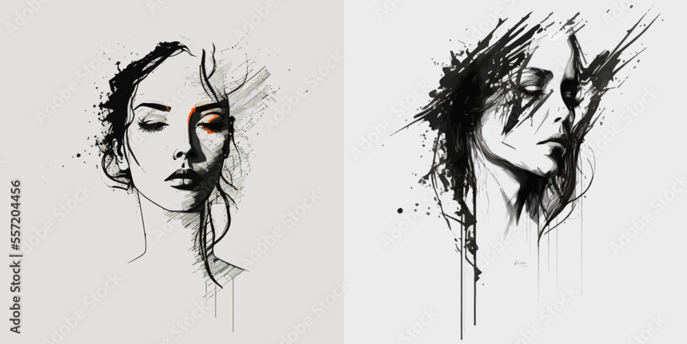 Elegant one-line sketches of an abstract female face. A drawing of a female face in a minimalist linear style isolated on a white background. - obrazy, fototapety, plakaty 