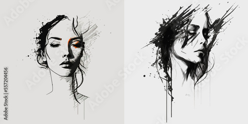 Elegant one-line sketches of an abstract female face. A drawing of a female face in a minimalist linear style isolated on a white background.