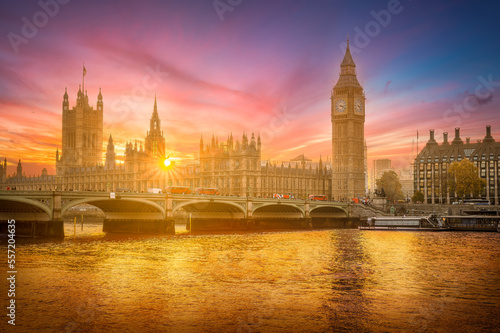 Landscape with Big Ben and Westminster palace at sunset in London  Great Britain