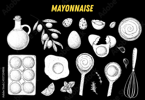 Mayonnaise sauce cooking and ingredients set. Hand drawn sketch collection, vector illustration. Homemade mayonnaise sauce, design elements. Hand drawn package design. Oil and eggs.