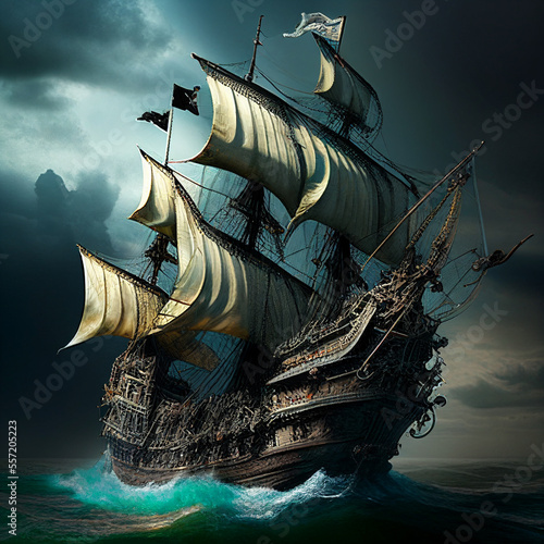 Tela Ship with raised sails at sea. Pirate ship