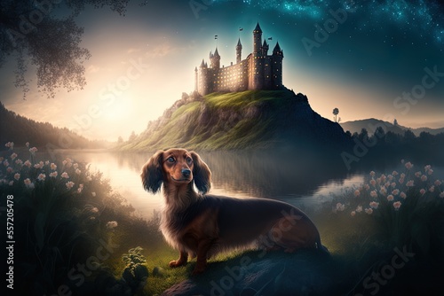 The dachshund in a fantastical setting. Generative AI photo