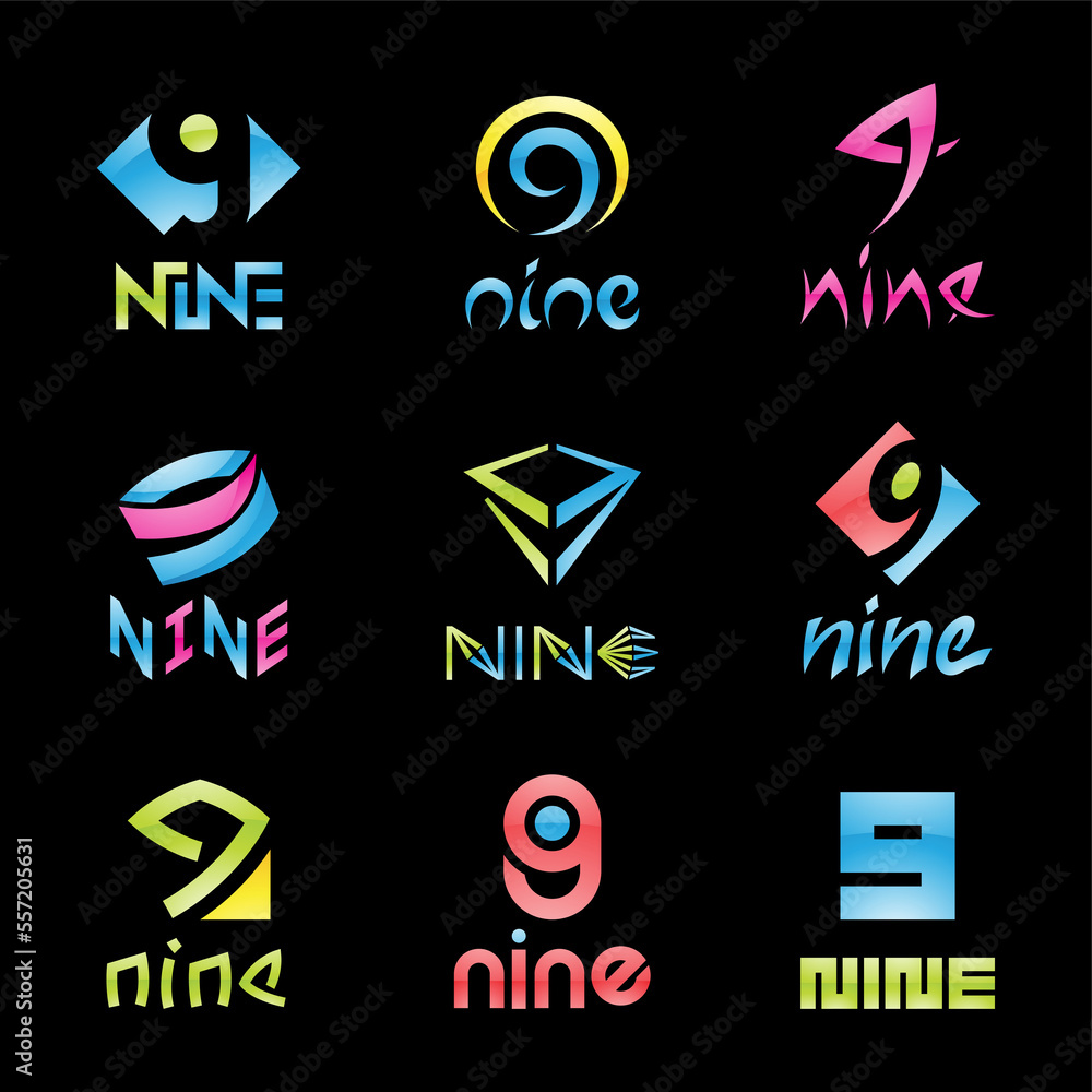 Colorful Glossy Number 9 Icons on a Black Background Colorful Glossy Number 9 Icons on a Black Background