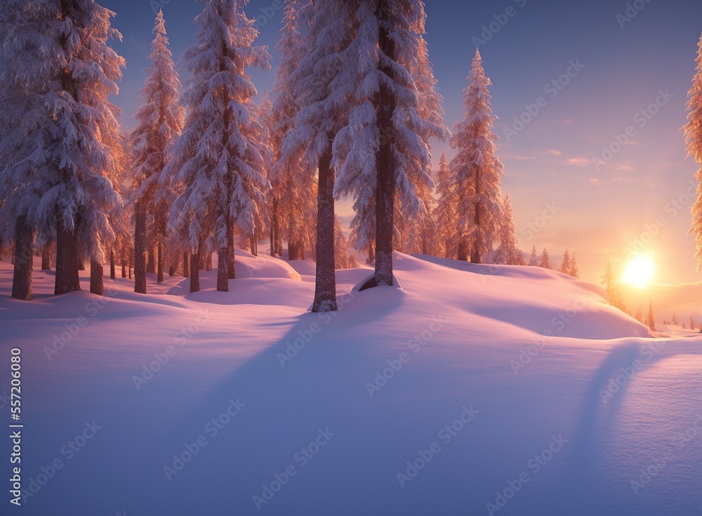 sunset in the snowy trees and mountains sunset in the snowy trees and mountains