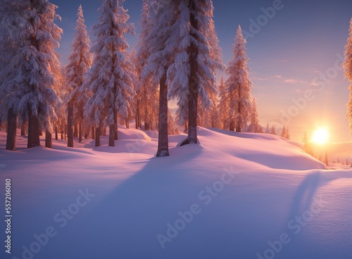 sunset in the snowy trees and mountains © ozun