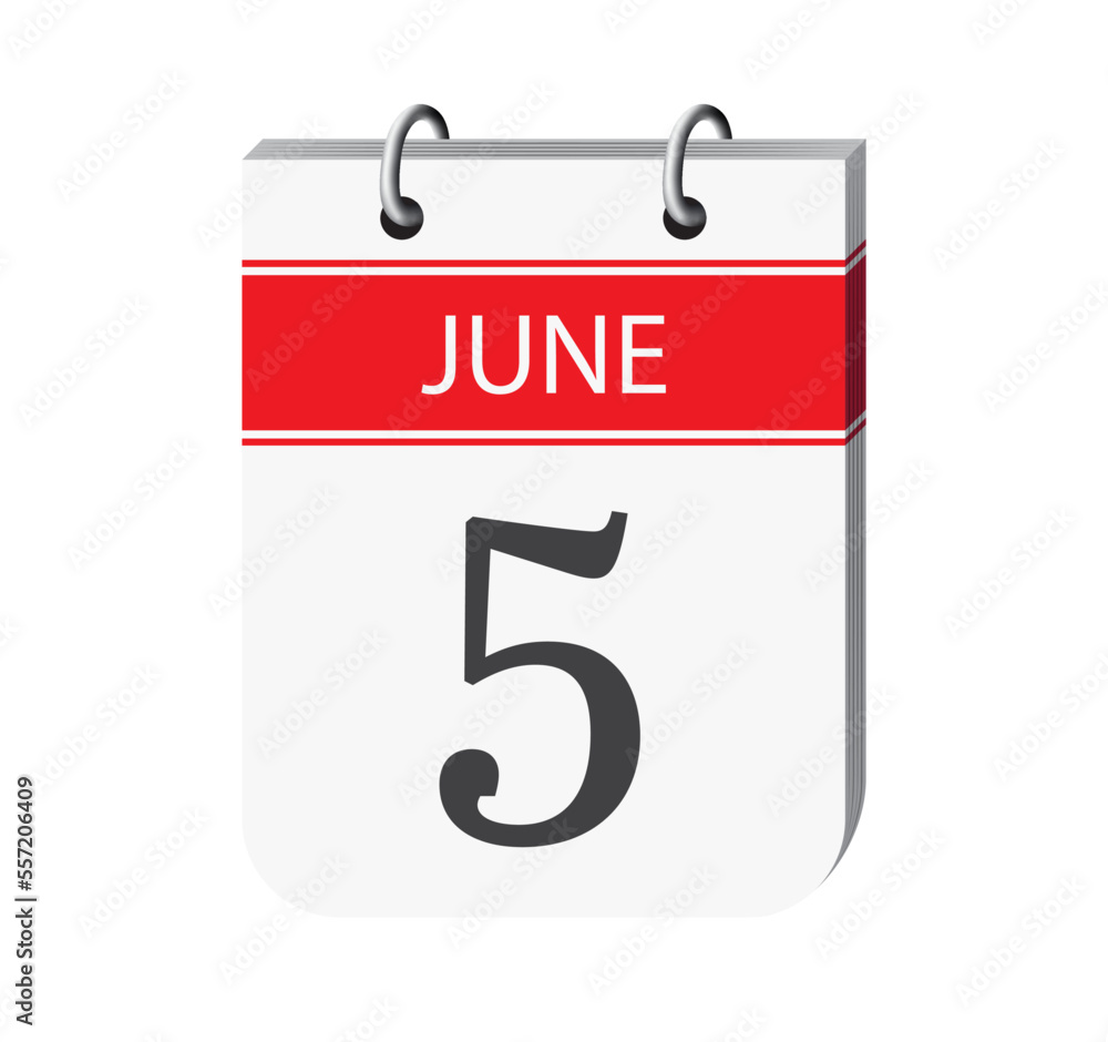 5 june calendar page vector. 3d one day calendar date appointment, deadline, event reminder illustration. Abstract three dimensional daily date calendar.
5 june calendar page vector. 3d one day calendar date appointment, deadline, event reminder illustration. Abstract three dimensional daily date calendar.