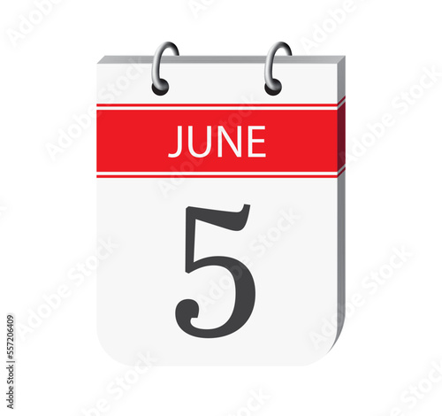 5 june calendar page vector. 3d one day calendar date appointment, deadline, event reminder illustration. Abstract three dimensional daily date calendar.
