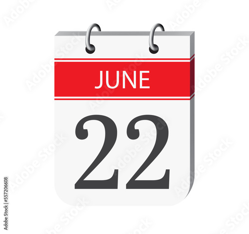22 june calendar page vector. 3d one day calendar date appointment, deadline, event reminder illustration. Abstract three dimensional daily date calendar.
