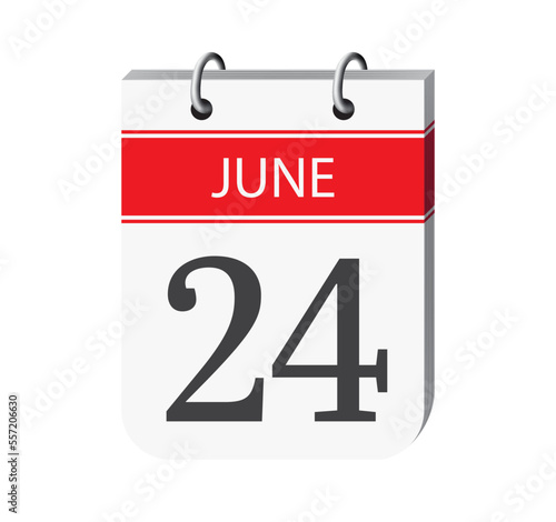 24 june calendar page vector. 3d one day calendar date appointment, deadline, event reminder illustration. Abstract three dimensional daily date calendar.
