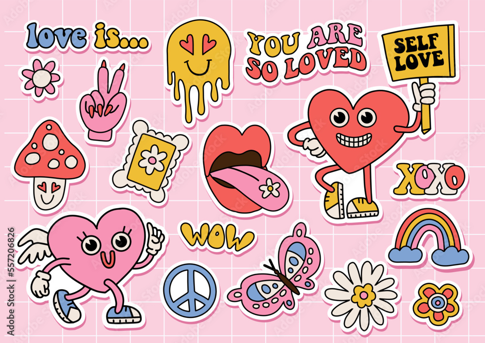 Groovy hippie love sticker set. Retro catroon happy Valentines day