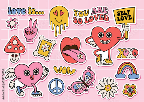 Groovy hippie love sticker set. Retro catroon happy Valentines day stickers pack. Comic heart mascots in trendy vintage 60s 70s cartoon style. Weird characters and elements. Vector illustration kit