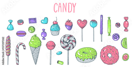Set of candies, sweets. Hand drawing collection. Hand drawn vector illustration. Cartoon candies set. Design elements.