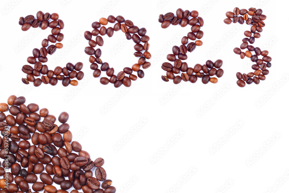 New Year concept, 2023 number from coffee beans. 2023 Headline From