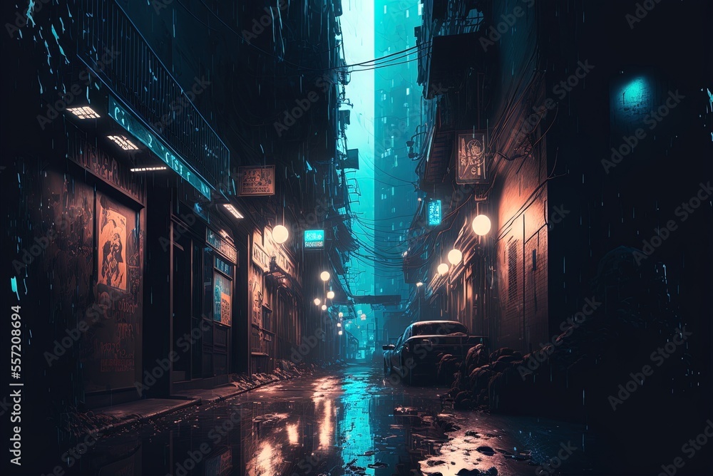 Blue-toned futuristic cyberpunk fantasy neighborhood, dark and foreboding. Generative AI - obrazy, fototapety, plakaty 