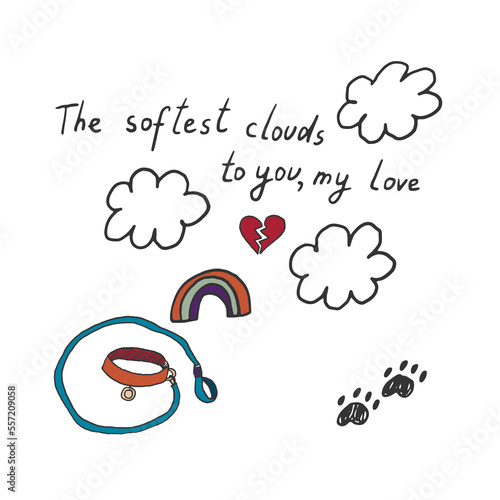 Pet cat, dog, heart, rainbow death vector illustrations set.