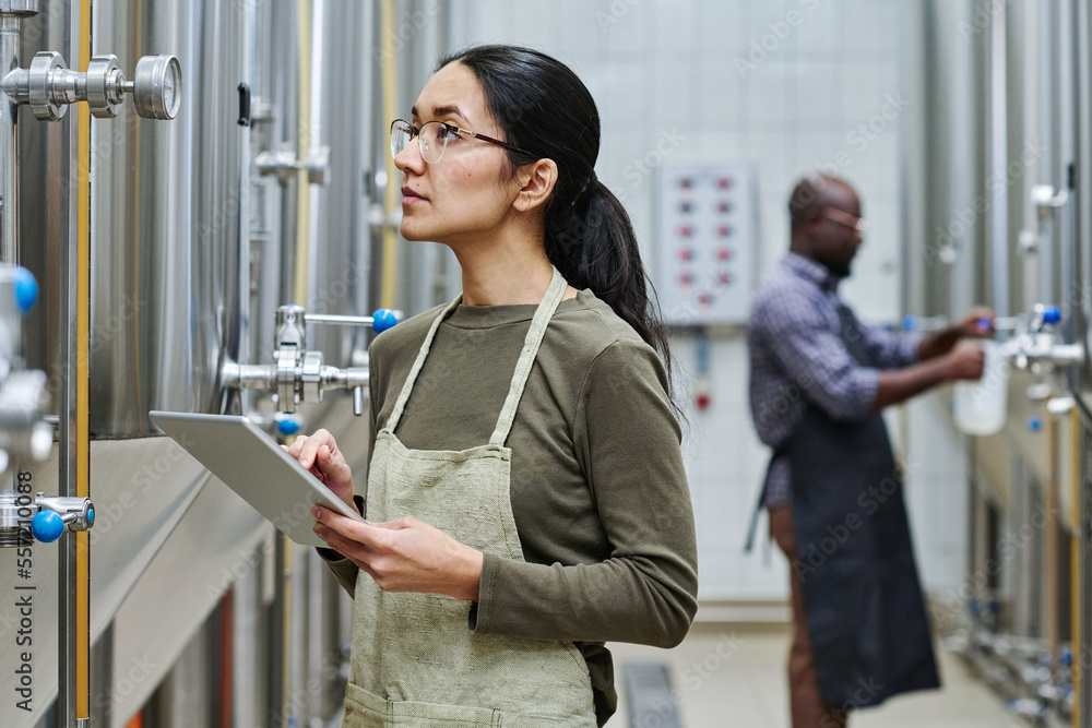 Young female engineer using digital tablet to check pressure in barrels with brewed beer Young female engineer using digital tablet to check pressure in barrels with brewed beer