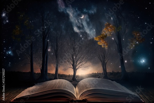 In the middle of a pitch-black forest, a book sits open on a wooden table while the stars shine above. There was a mystical glow about it. Generative AI photo