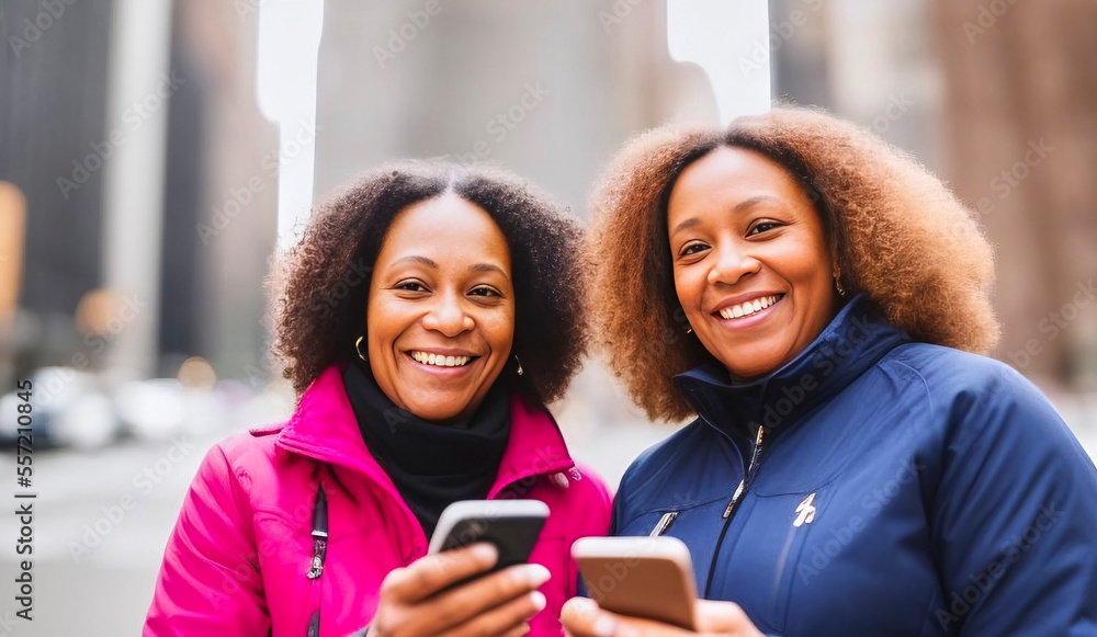 Two black women with curly dark hair are holding their cellphones and looking ahead with their heads together smiling, fictional person, made with generative AI Two black women with curly dark hair are holding their cellphones and looking ahead with their heads together smiling, fictional person, made with generative AI