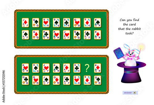 Logic puzzle for children and adults. Can you find the card that the rabbit took? Educational game. Page for kids brain teaser book. Task for attention. IQ test. Play online. Cartoon vector.