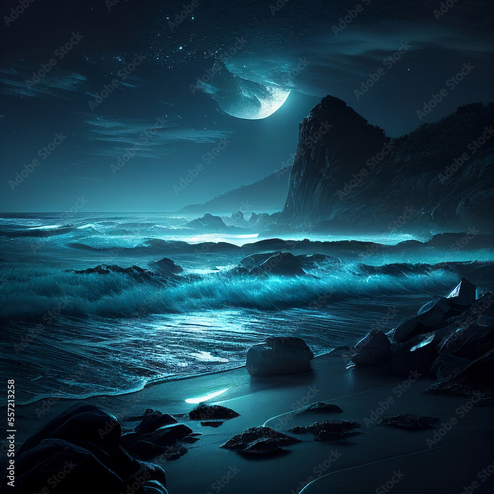 Coastal moonlight. Magical night on the sea coast, full blue moon and ...