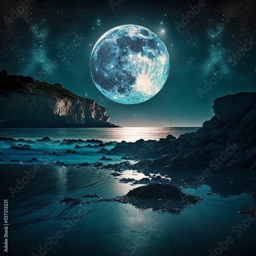  Coastal moonlight. Magical night on the sea coast, full blue moon and rocks. Art created with Generative AI technology