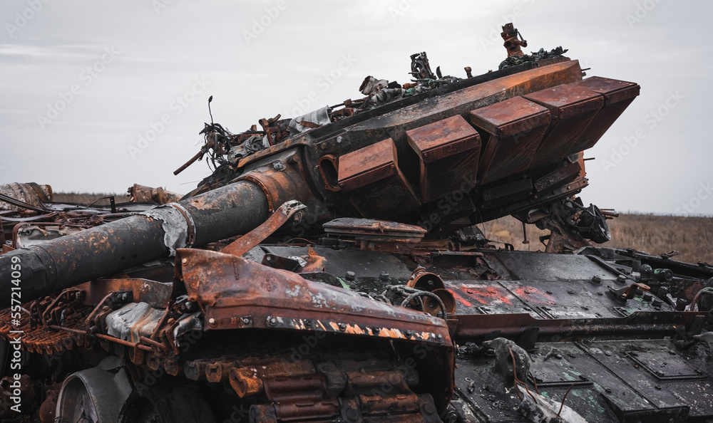 War in Ukraine, a tank with a torn turret, close-up, Kharkiv region