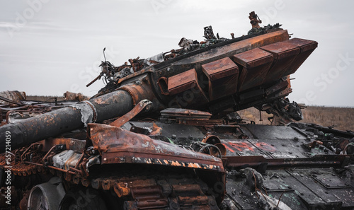 War in Ukraine, a tank with a torn turret, close-up, Kharkiv region