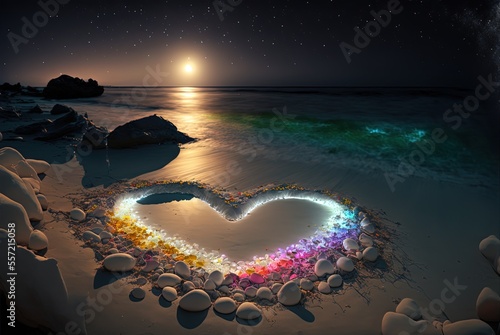 illustration of romantic heart shape with glow light water puddle after tide at night time, idea for romantic love travel theme photo