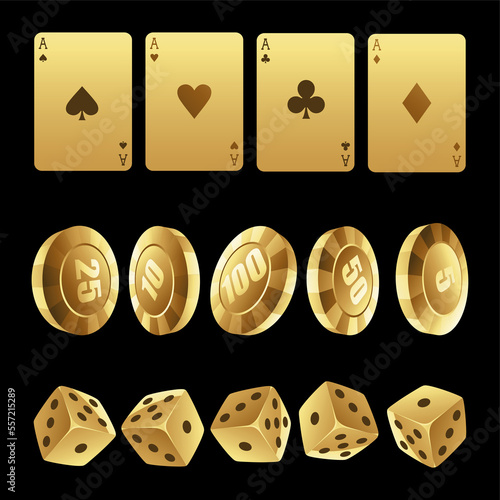 Golden Playing Cards Roulette Chips and Dices on a Black Background