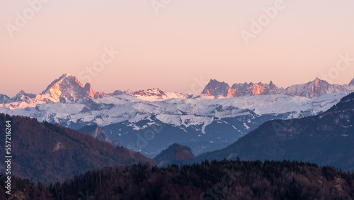 Landscape of the Grandes Jorasses peaks of the Mont Blanc Massif, European Alps, France during sunset