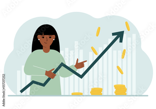 The woman is holding an arrow pointing up. The concept of growth in business, company promotion or business income growth.